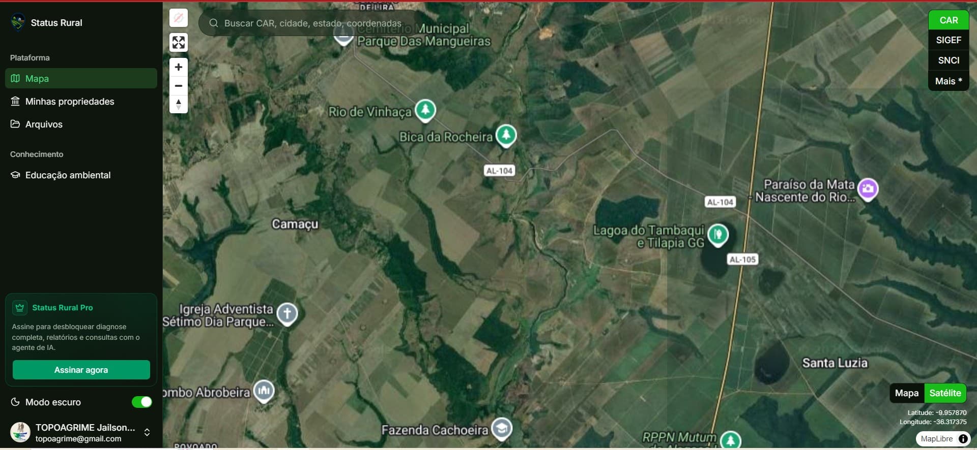 Dashboard Status Rural com mapa satélite, camadas CAR/SIGEF e navegação da plataforma