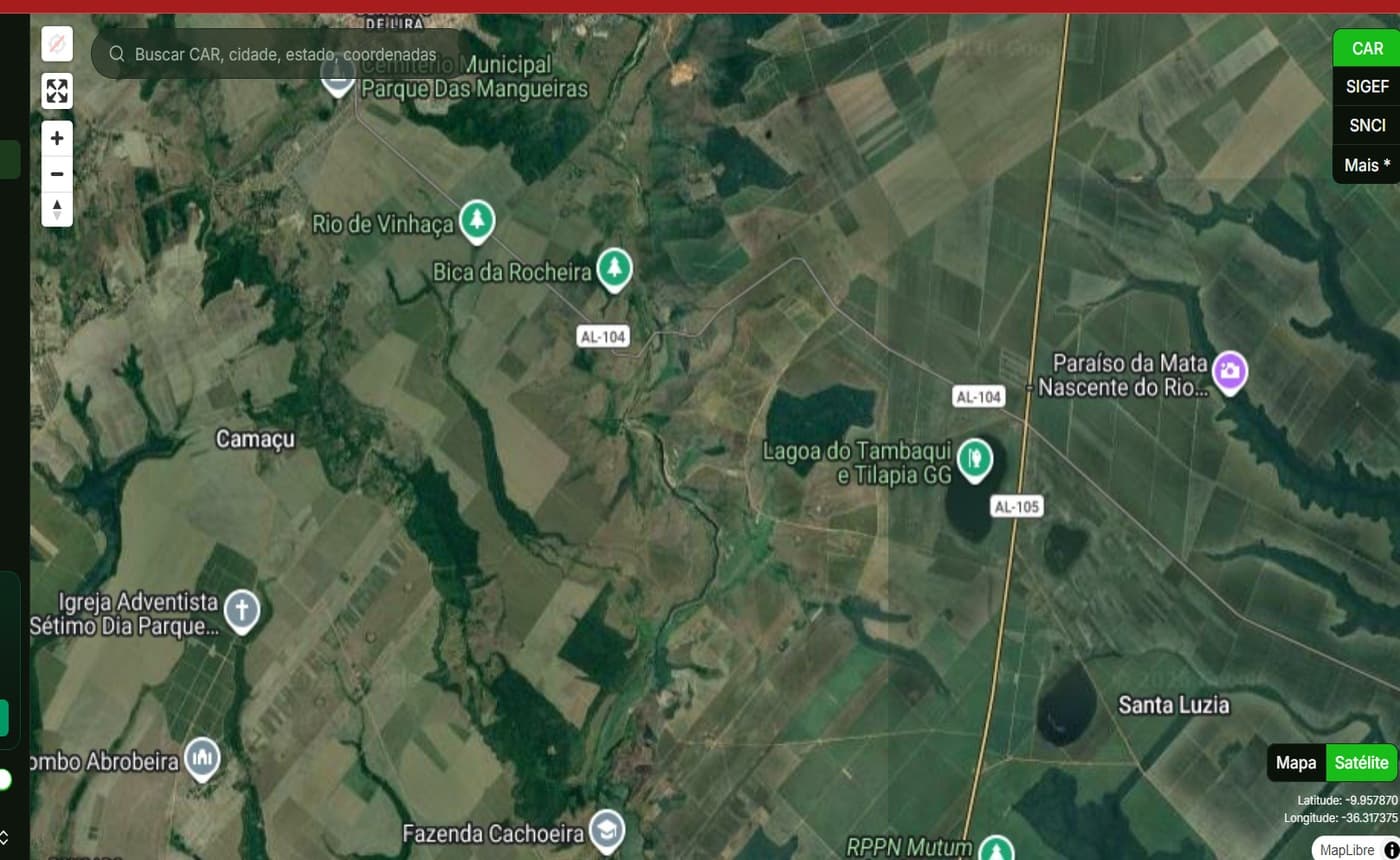 Mapa da plataforma Status Rural com polígonos e camadas territoriais